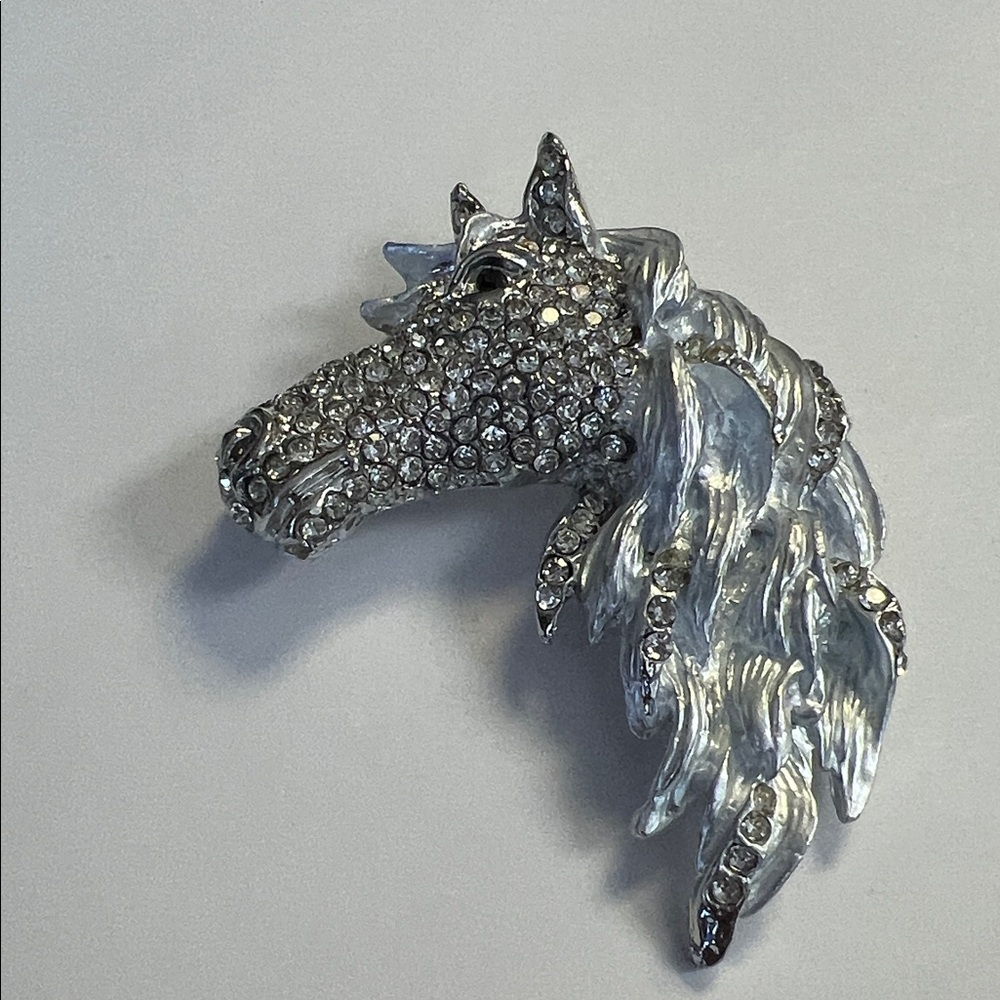 Silver Horse Head Brooch with Rhinestones